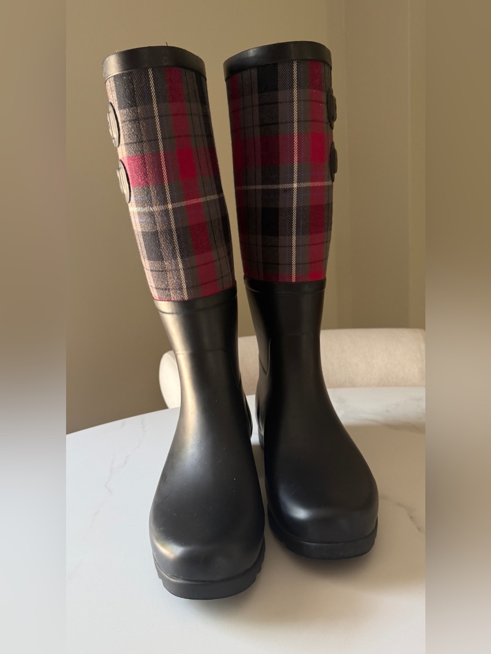 UGG Australia Black Rain Boots with Red & Gray Plaid Shaft